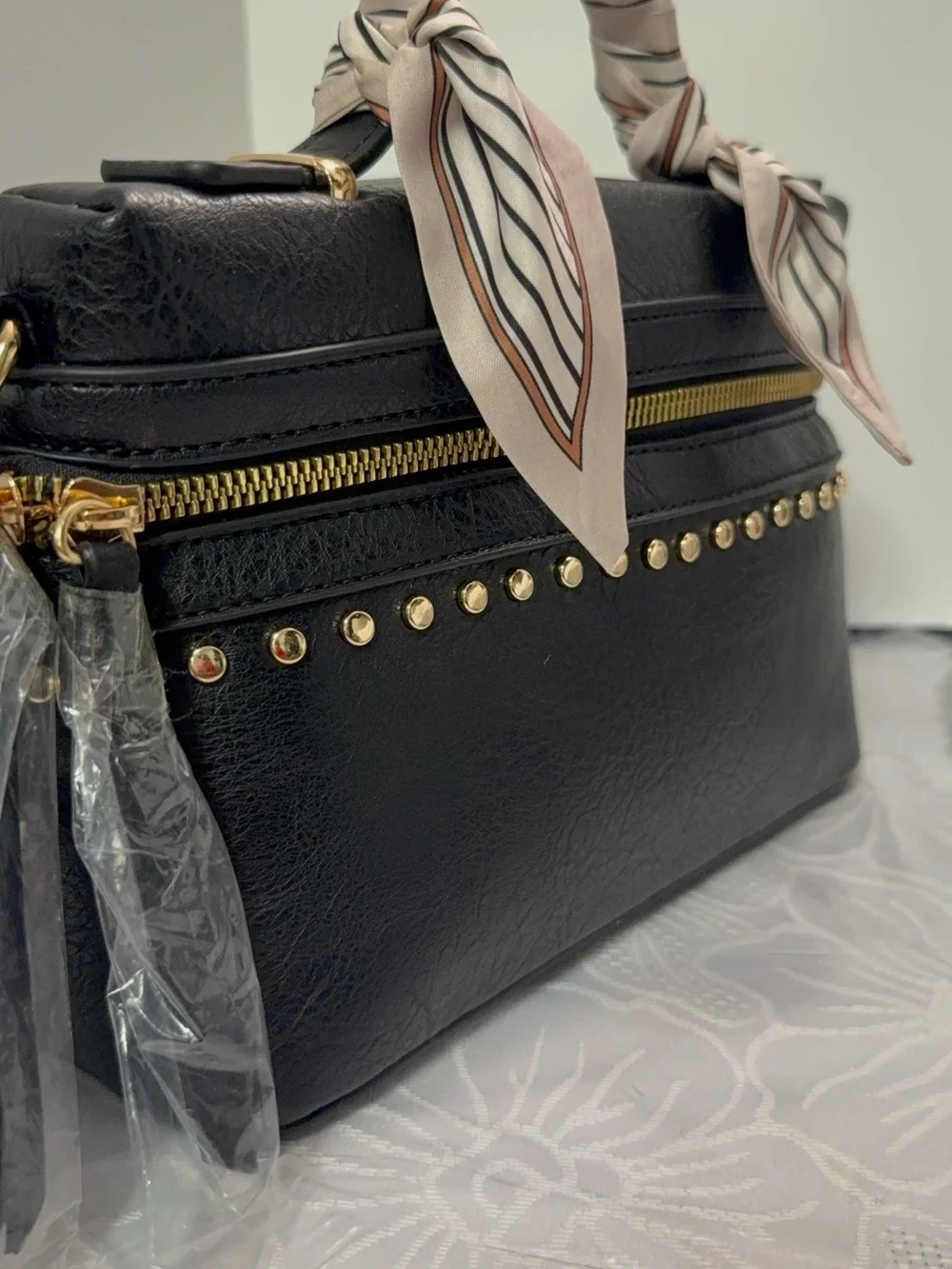 Black Studded faux  Leather Satchel with Scarf-Wrapped Handle